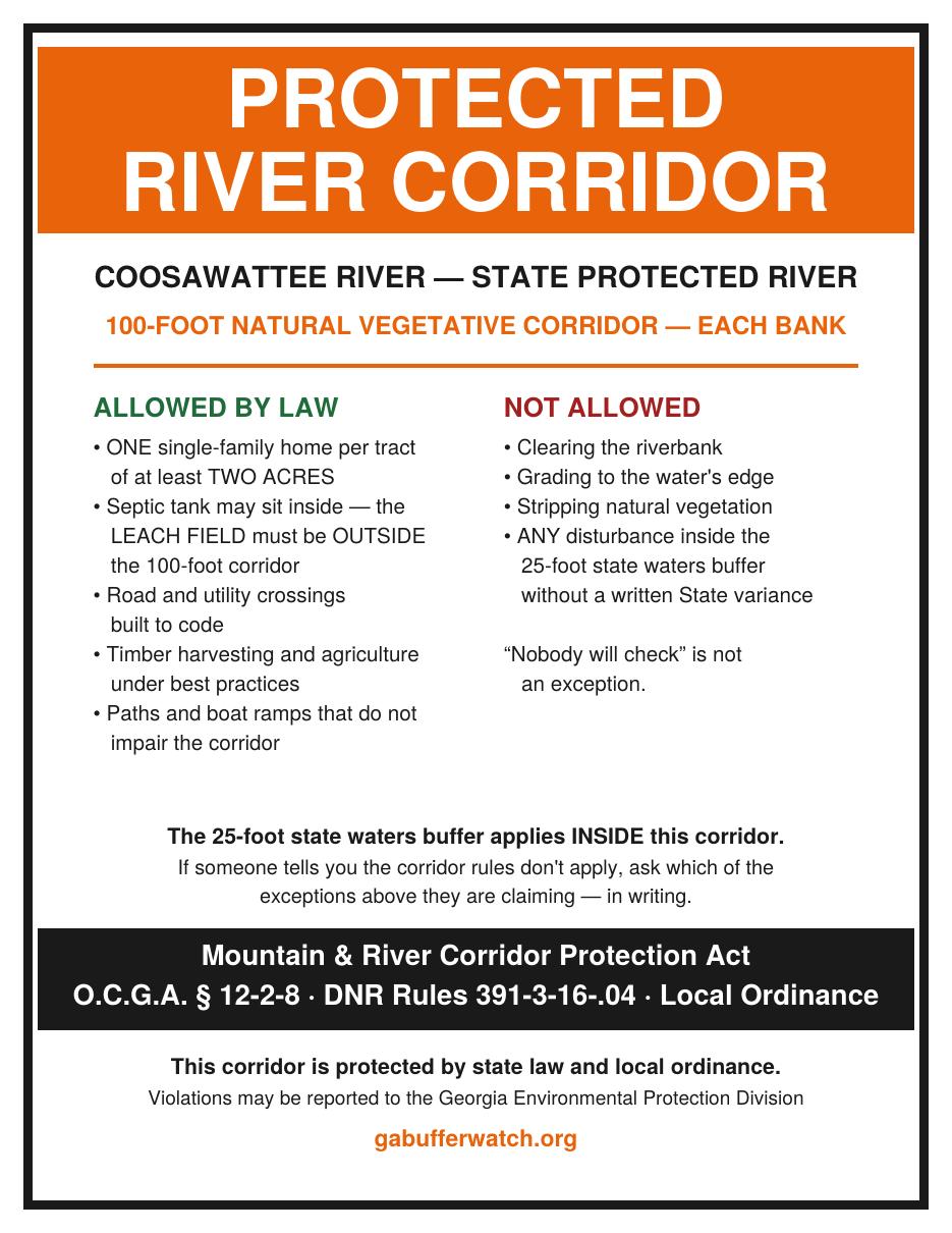 Protected river corridor sign for the Coosawattee River, 100-foot natural vegetative river corridor