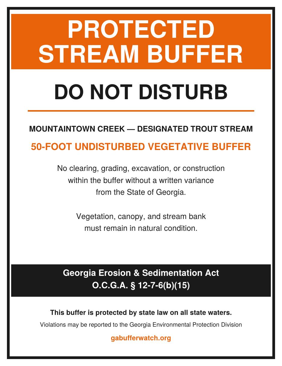 Protected stream buffer sign for Mountaintown Creek, designated trout stream, 50-foot undisturbed vegetative buffer